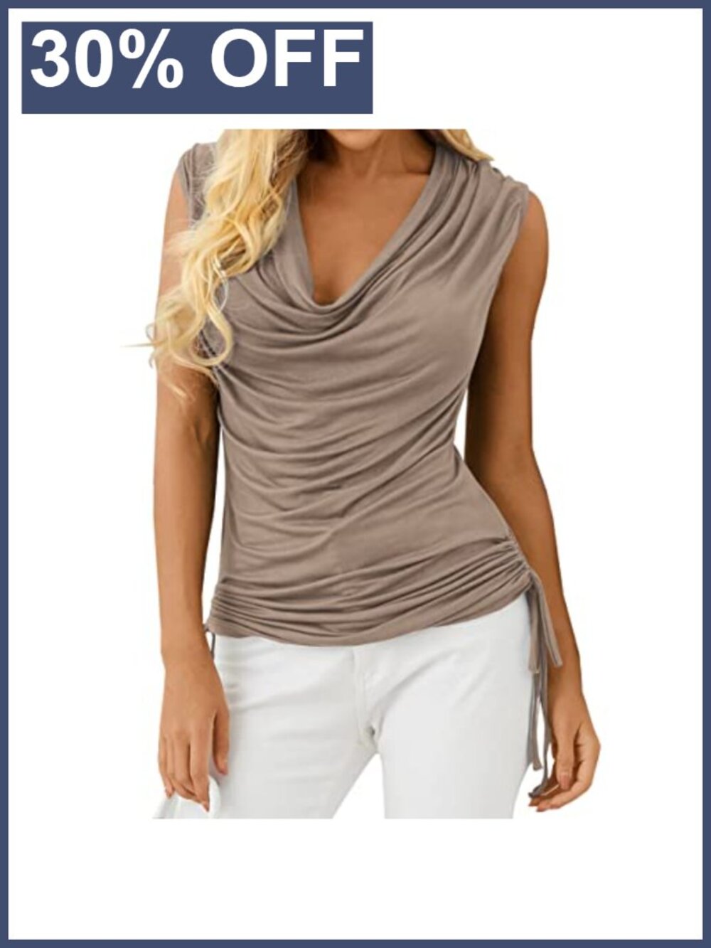 Women Cowl Neck Tank Top Sleeveless Ruched Side Slim Fit Casual Summer